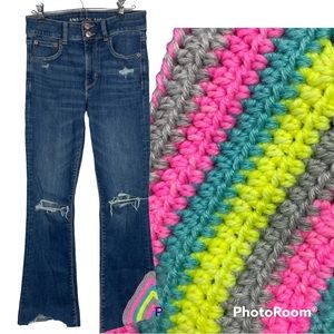 American Eagle High Hi Rise Artist Flare Distressed Handmade Crochet Hem Jeans 6